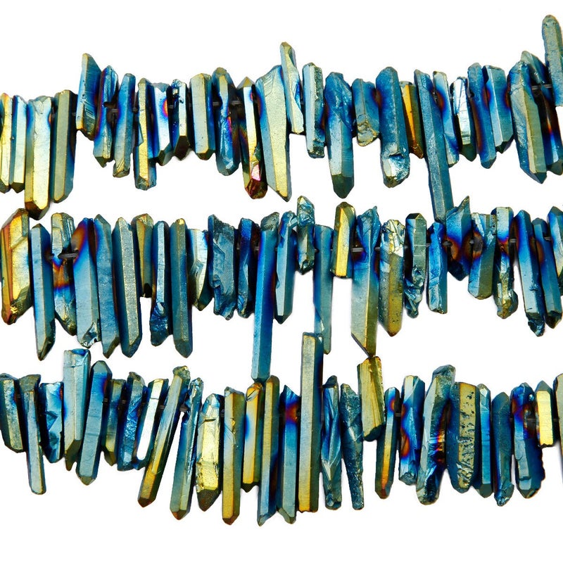 SUNYIK Blue/Gold Titanium Coated Crystal Points Quartz Rough Sticks Spikes Point Beads 15 inch Strand Drilled - Image 4
